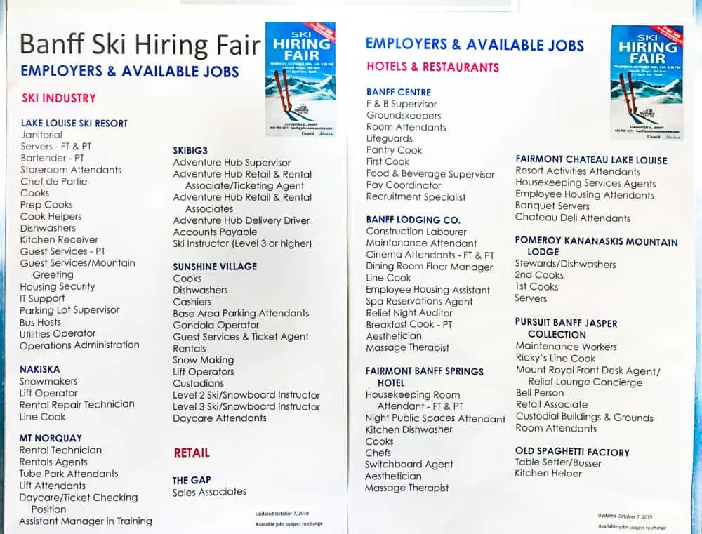 Brochure of Banff ski hiring fair showing all the different ski season jobs and employers
