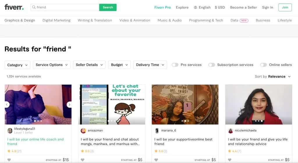 screenshot of fiverr online friend jobs