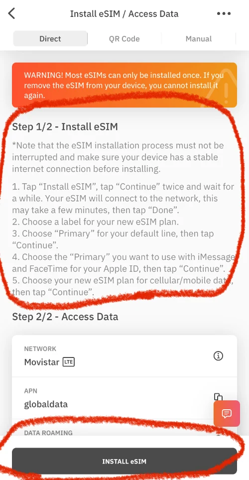 screenshot of airalo installation instructions